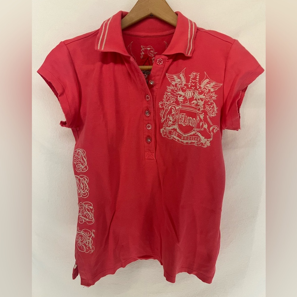 Johnny Was Los Angeles Pink Cotton Embroidered Crest Polo Shirt Size M